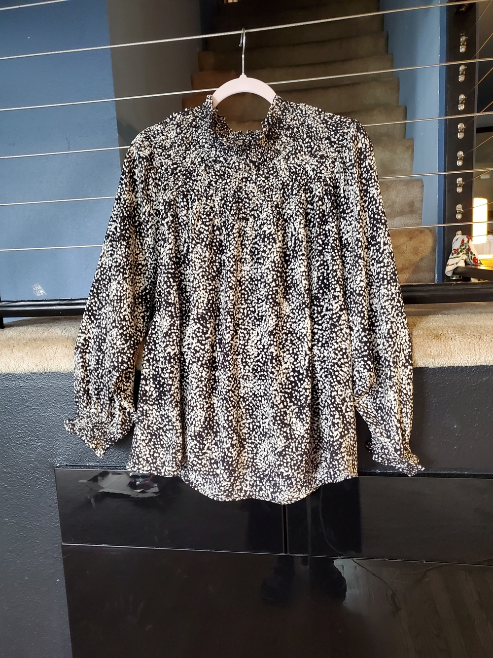 Chelsea28 Black and White Speckled Smocked-Neck Blouse